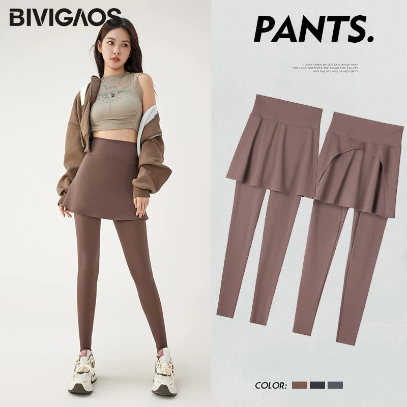 BIVIGAOS 2024 Spring Summer New Sports Yoga Leggings Culottes Women Fake Two-Piece Pants Skirt High Waist Shark Leggings
