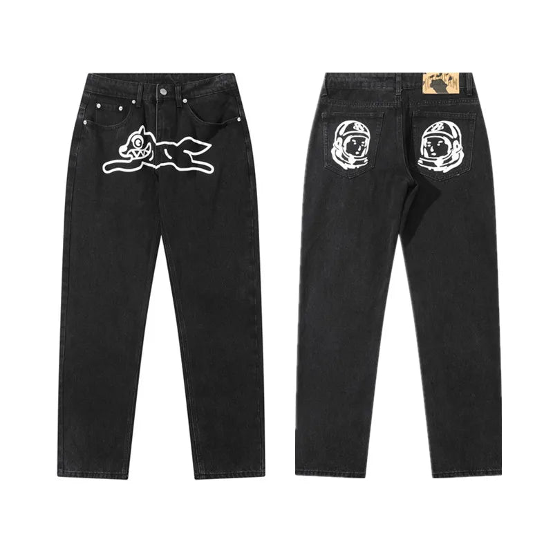 2024 Cyber Y2K Fashion Flying Dog Printed Baggy New Jeans Pants For Men Designer Clothes Luxury Kanye Straight Cowboy Trousers