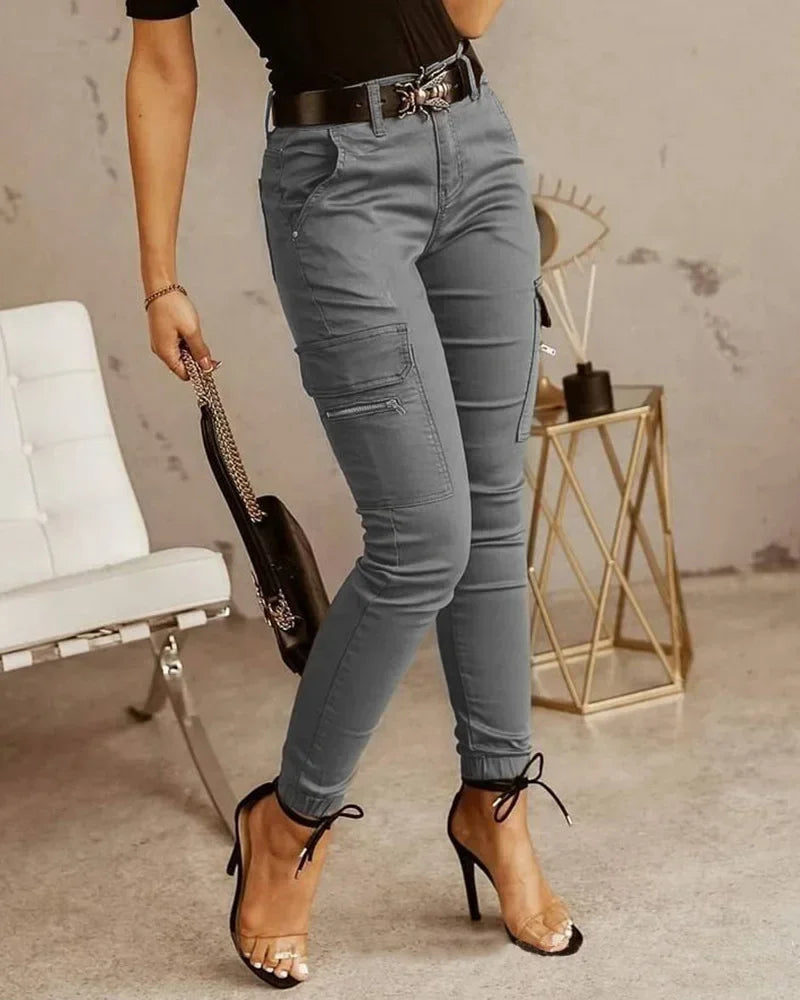 Pockets Small Feet Slim Fit Trousers Women Streetwear Cargo Pants Women Low Waist Button Solid Color