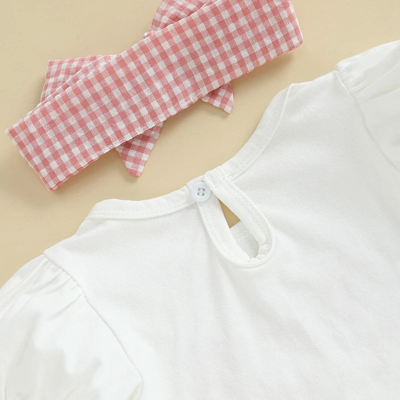 0-18M Baby Girls 1st Birthday Outfits Letter Short Puff Sleeve Romper with Plaid Print Shorts and Headband