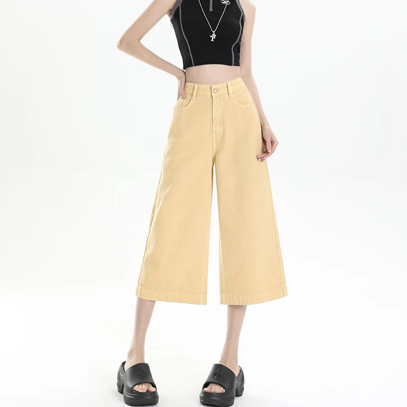 Y2K Loose Casual Medium Jeans Summer New Women's High Waist Korean 2000s Denim Pants Fashion All Match Seven Points Baggy Jeans