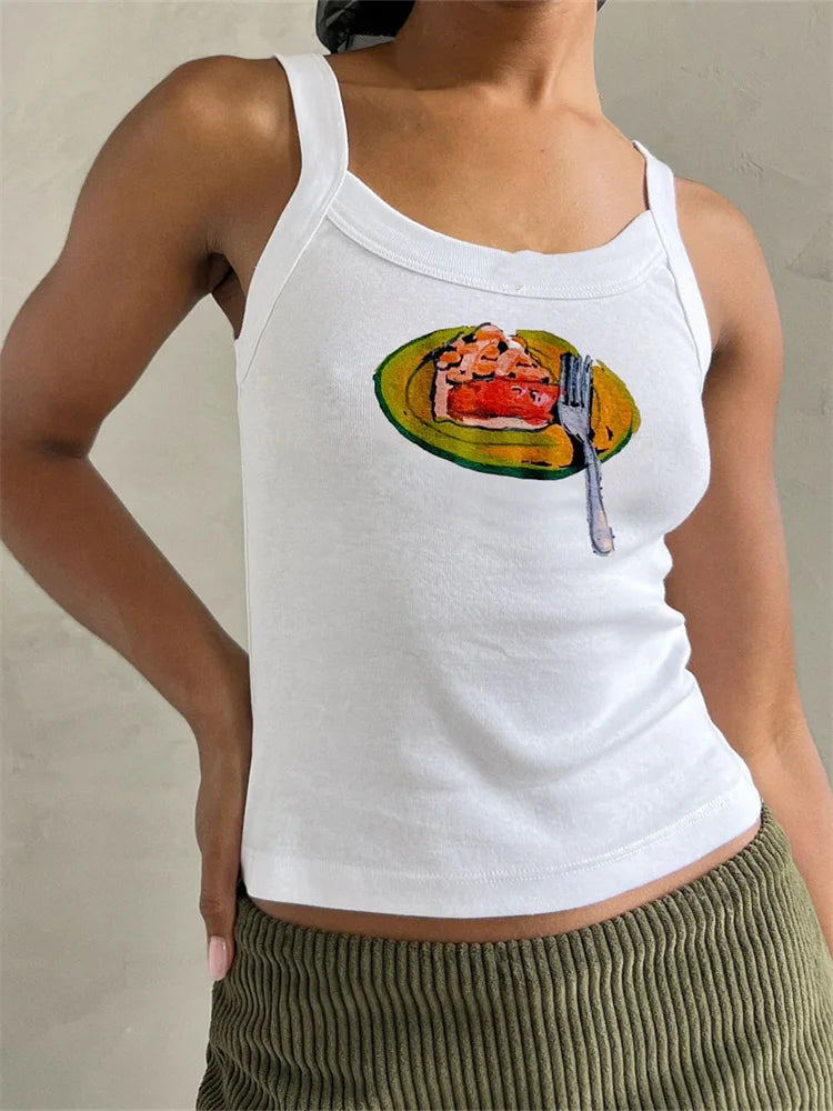 CHRONSTYLE Women Summer Print Cropped Tank Tops Slim Fit Round Neck Sleeveless Vest Tops Slim Fit Casual Clothes Streetwear 2024