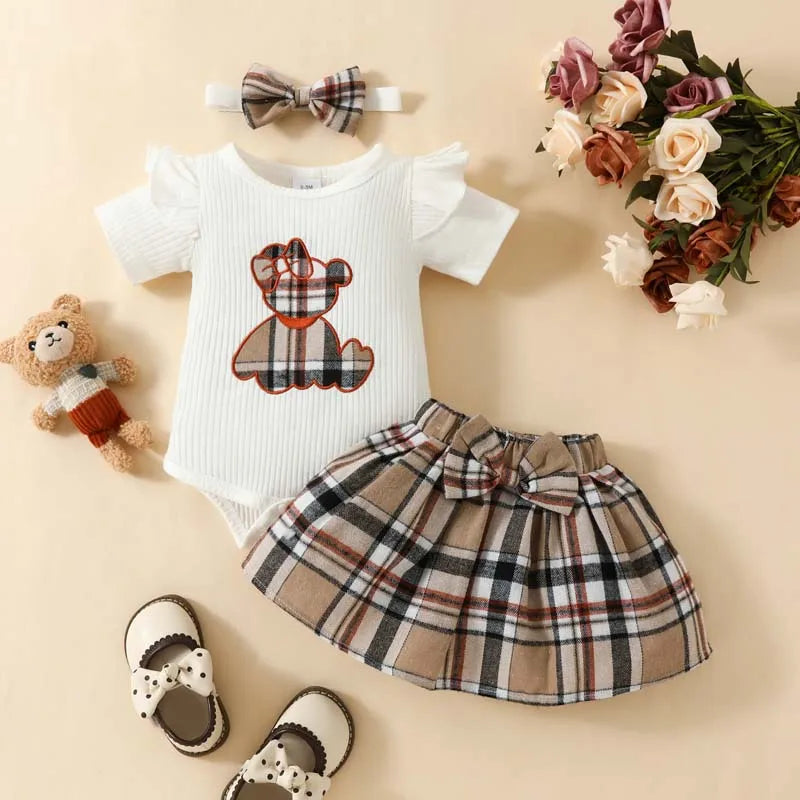 0-18 Months Summer Newborn Baby Girl Clothes Outfits Cartoon Bear Embroidered Short Sleeve Bodysuit Plaid Skirt with Hairband