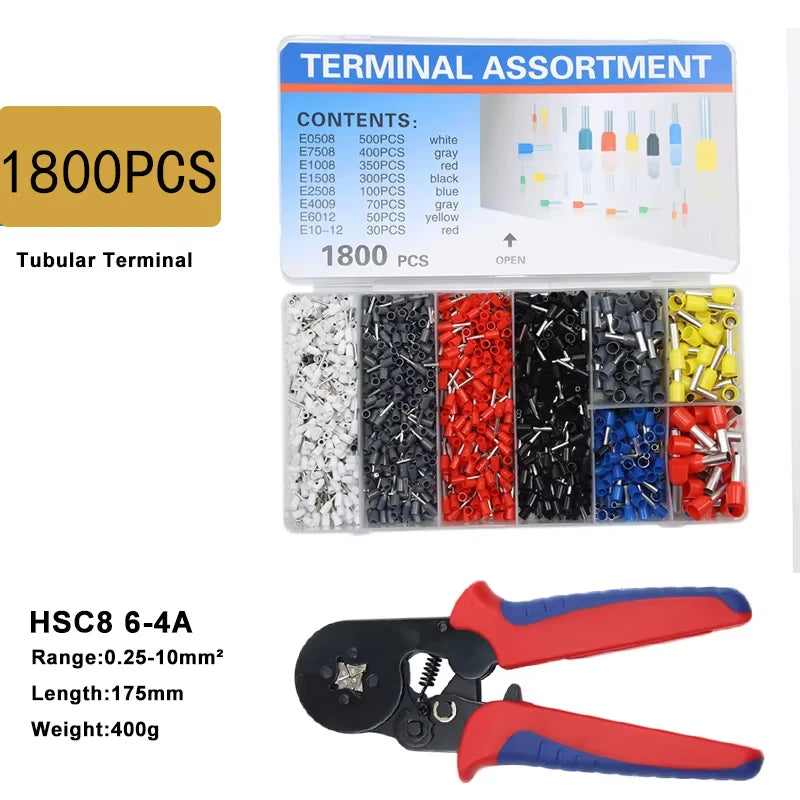 VE Tubular Crimping Terminal Ferrule Kit with 800-1900PCS HSC8 6-4A 0.25-10mm² Pliers Mini Wire Ferrule Fixture Kit