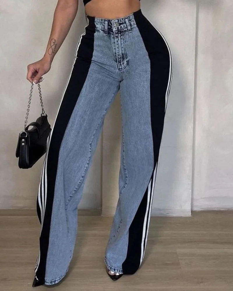 Fashion splicing three stripe wide leg denim pants for women's new casual high waisted elastic straight leg jeans streetwear