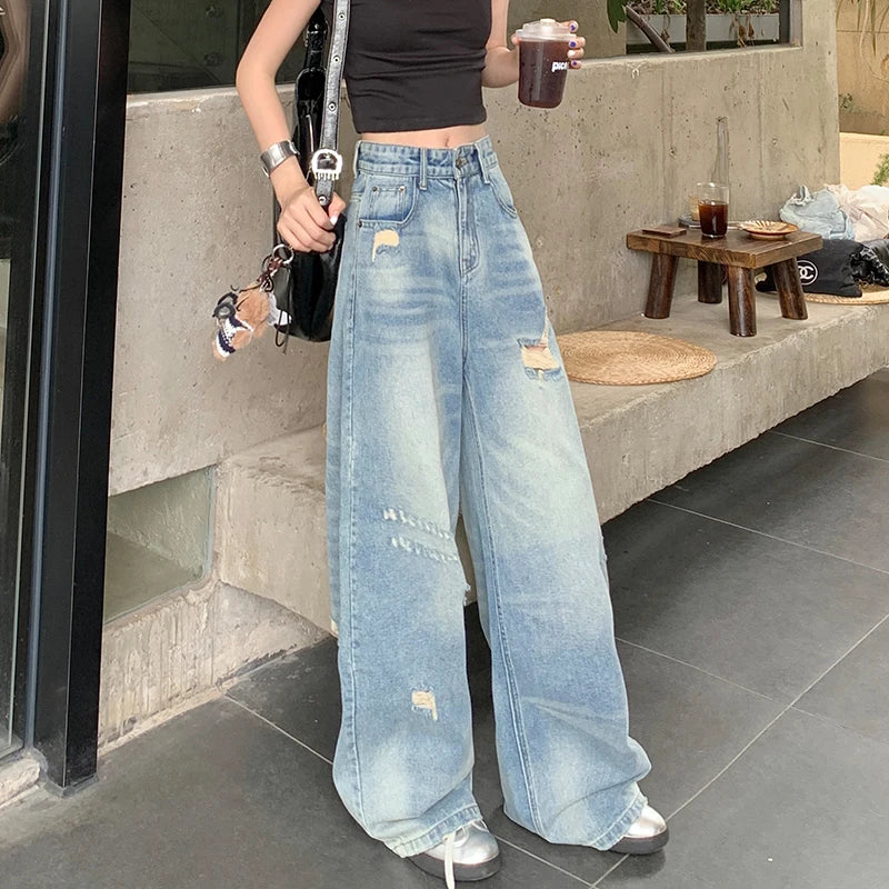 KSTUN Vintage Women's Jeans Wide Leg Ripped Denim Pants Distressed Jeans Women Straight Dragging Pants Hip Hop Motocycle Jeans
