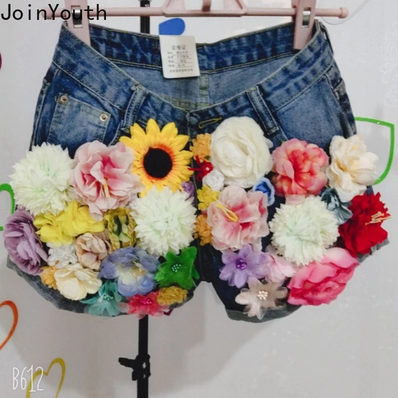 Denim Shorts Women Clothing Streetwear Fashion Jean Shorts 2025 New Bottoms Beading 3D Floral Casual Pantalones Cortos De Mujer