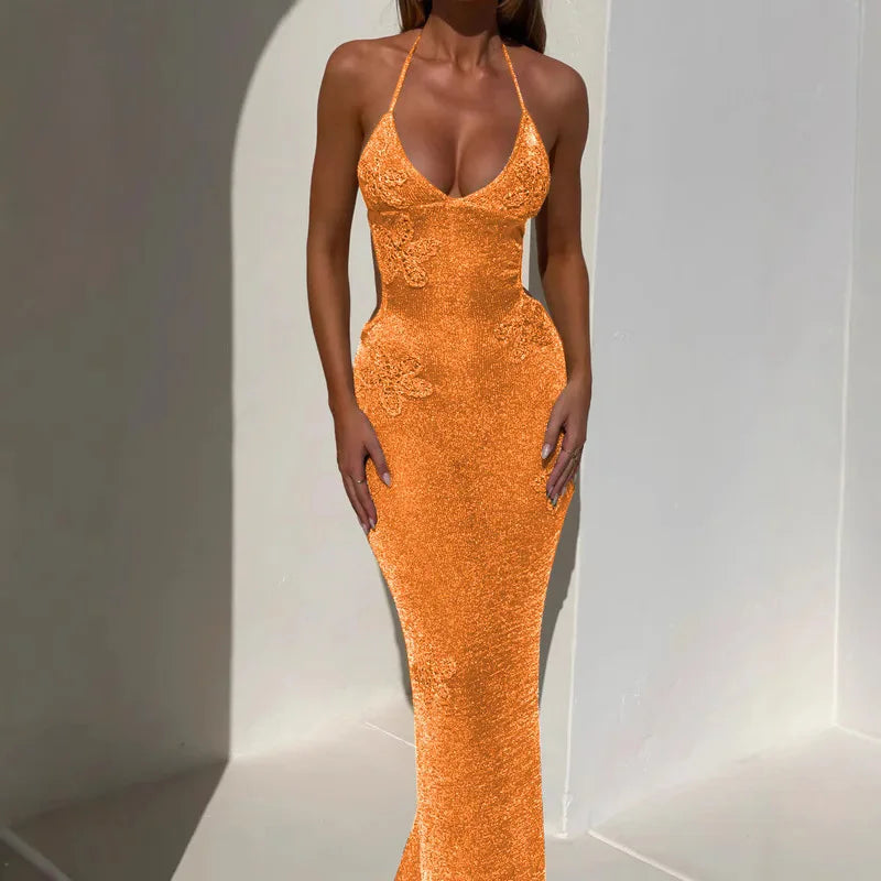 Women Slim Halter Backless Sleeveless See Through Party Dress Sexy Knit Embroidery Long Beach Dresses 2025 New Summer Lady Robes