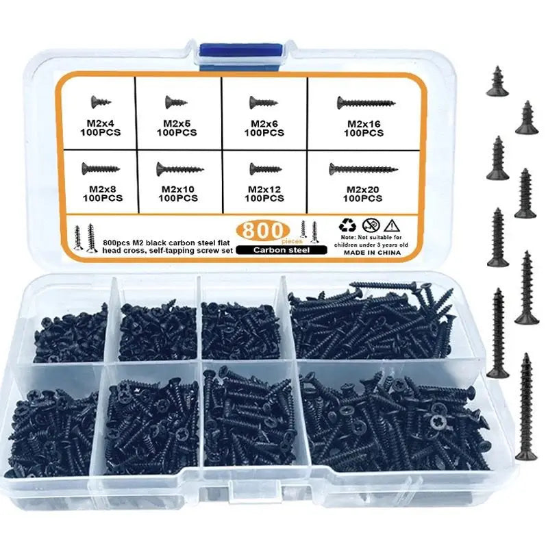 M2 black Flat Head Cross Carbon Steel Self-Tapping Screw 800Pcs, Suitable For Home Improvement, DIY Engineering, Electronic Prod