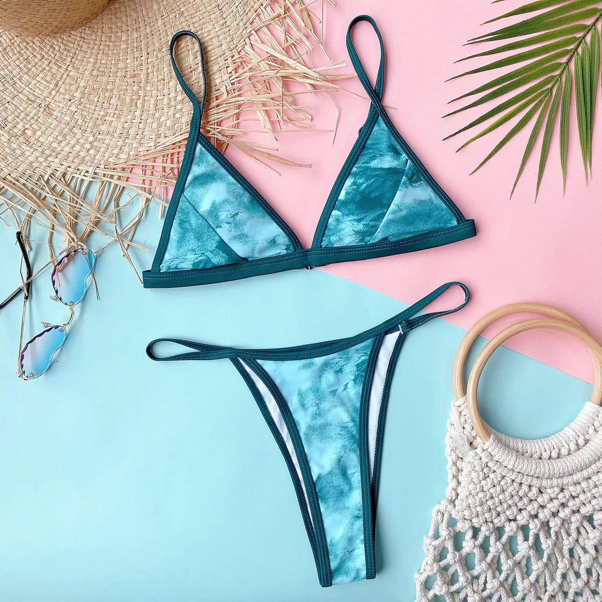 4 Colors Sexy Bikini Women Tie Dye Solid Swimwear Swimsuit Thong Bikinis Set Bathing Suit Beach Bikini Female Biquinis Feminino