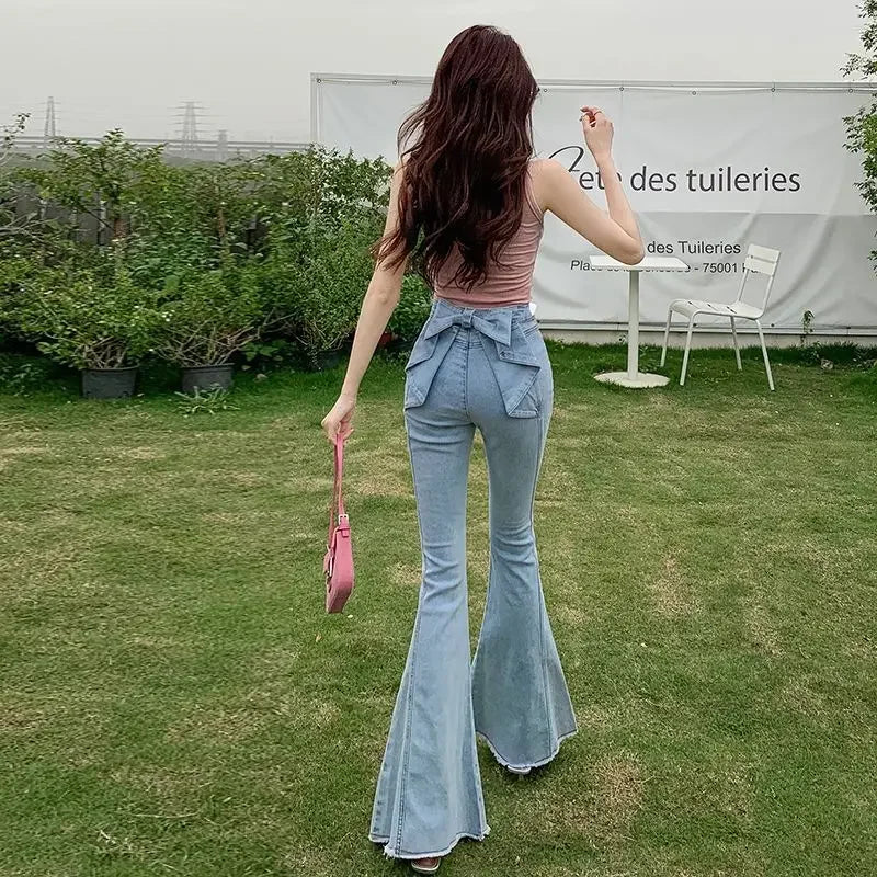 Spring Summer New High Waist 3D Butterfly Knot Denim Pants Women's European Style Slimming Butt Lifting Flared Trousers