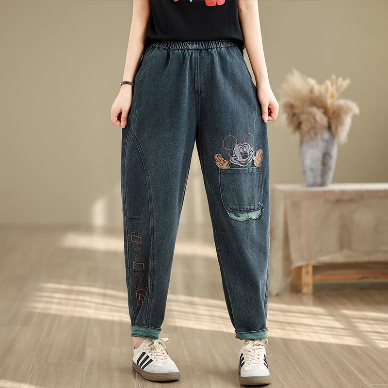 Oversized Jeans Spring Pant Women Cartoon Embroidery Fashion Elastic High Waist Ladies Trousers Loose Casual Woman New Pants