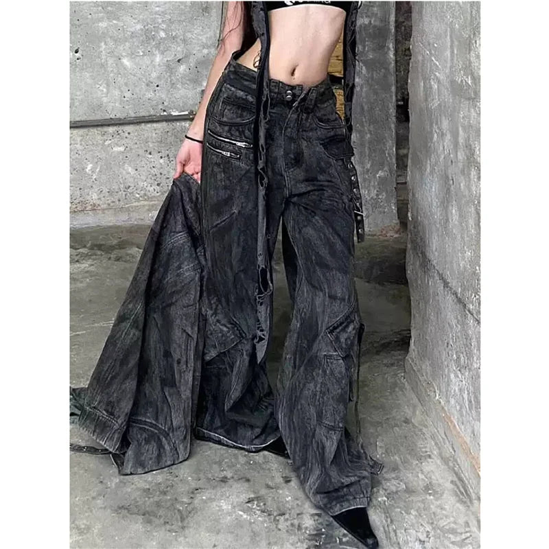 Black Jeans Women American Style Y2K 90S Vintage High Waisted Jean Straight Trouser Streetwear Casual Loose Wide Leg Denim Pants