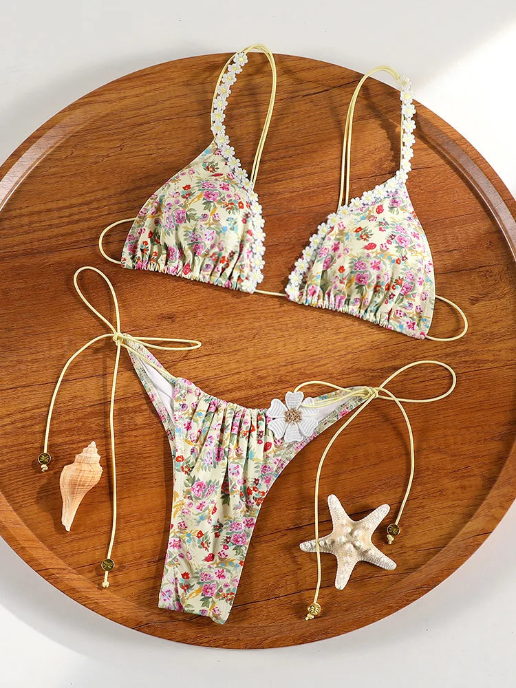 ZRTAK Triangle Bikini Set Sexy Swimwear Women 2025 Bikinis Floral Print Swimsuit Micro Thong Bandage Bathing Suits