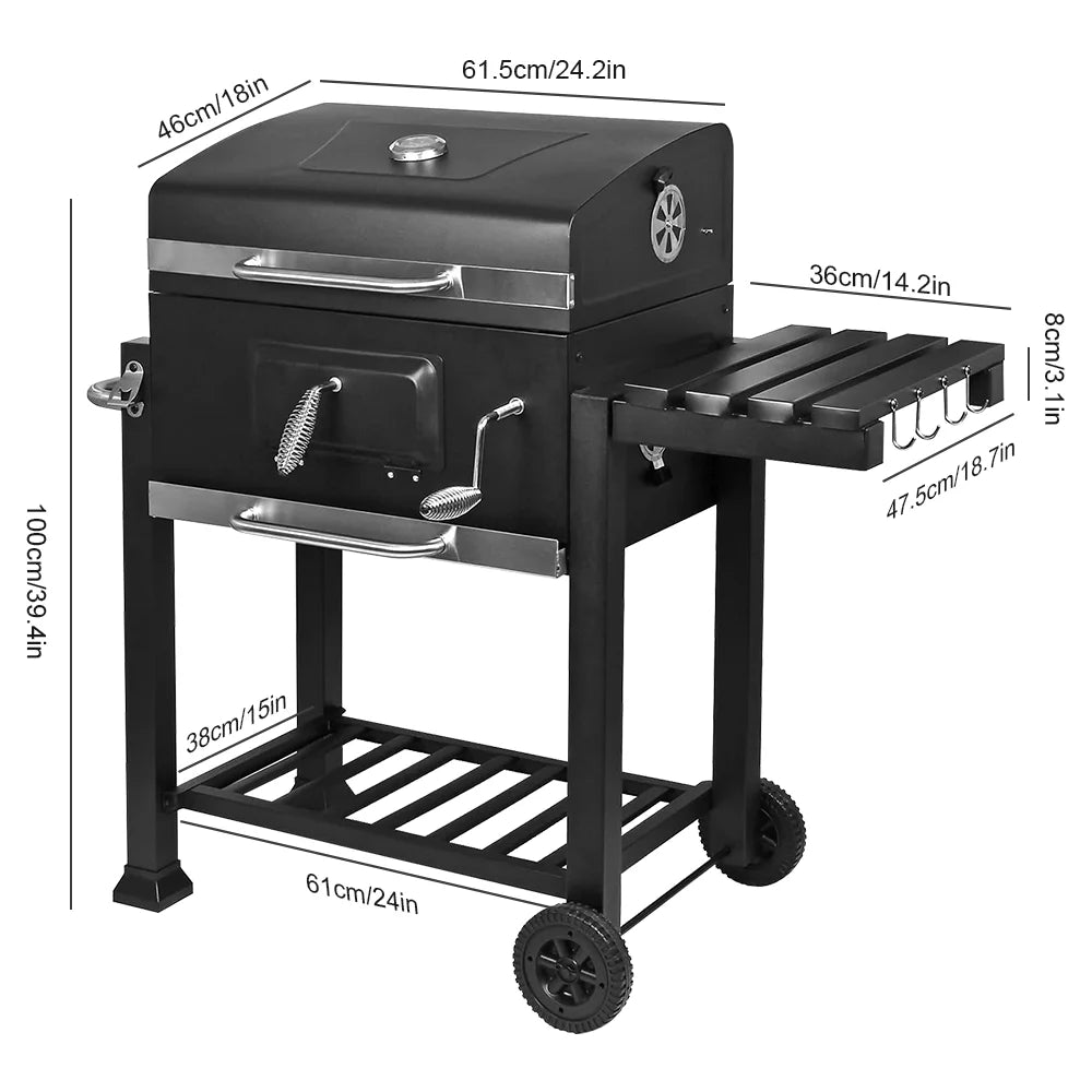 BBQ Grill with Wheels Camping Outdoor Barbecue BBQ Grill for Picnic Multi-function Barbecue Stove With shelf and thermometer