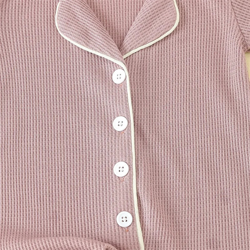 0-24months Baby Romper Pajama Lapel Neck Short Sleeve Trim Button Down Waffle Jumpsuit Infant Toddler Boys And Girls Sleepwear