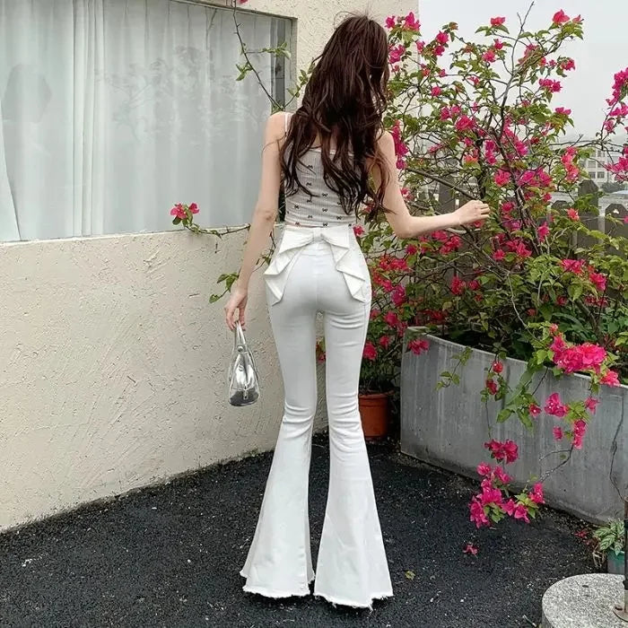 Spring Summer New High Waist 3D Butterfly Knot Denim Pants Women's European Style Slimming Butt Lifting Flared Trousers