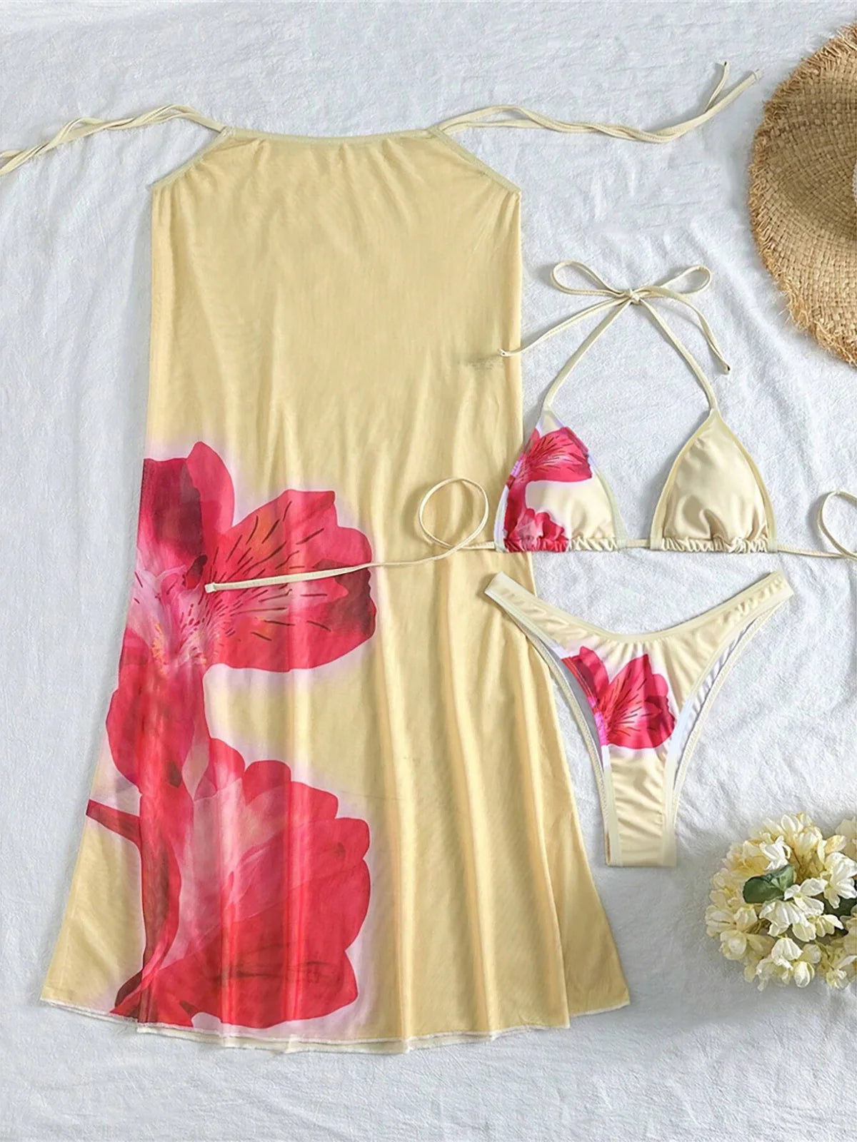 XS - L With Cover Up Flowers Halter Bikini Female Swimsuit Women Swimwear Three-pieces Bikini set Bather Bathing Suit Swim K6800