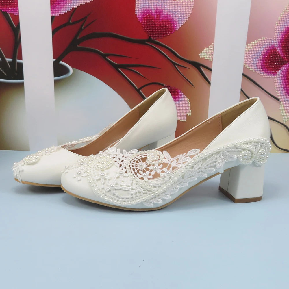 2024 New Customize wedding shoes Bridesmaid Dress shoes Thick Heeled Med Heel Shoes white Lace shoes flower female shoes