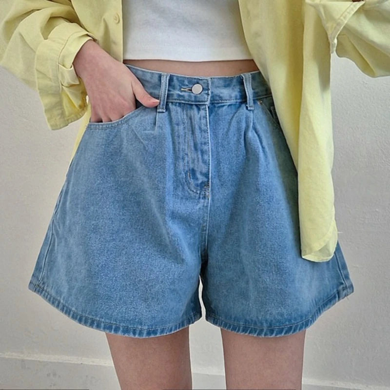 REALEFT Summer High Waist Women's A-line Denim Shorts Pocket 2025 New Single Button Casual Loose Wide Leg Jeans Shorts Female