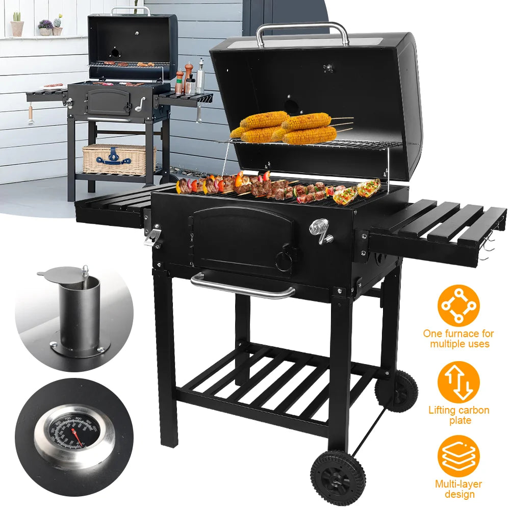 BBQ Grill with Wheels Camping Outdoor Barbecue BBQ Grill for Picnic Multi-function Barbecue Stove With shelf and thermometer