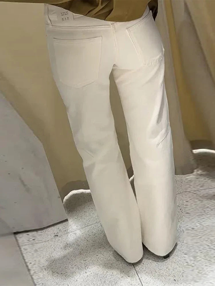 Fashion Solid Rivets Denim Long Pants Women Y2K High Waist Pockets Zipper Beads Straight Jeans Lady Wide Leg Trousers Streetwear