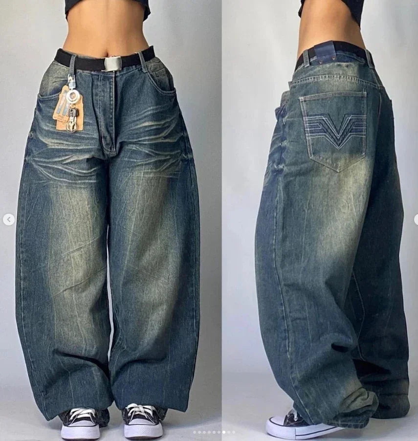 Street Fashion Trend Washed Vintage Jeans Women Y2K New Harajuku Casual Joker Straight Wide Leg Pants Couple Punk Rock Trousers