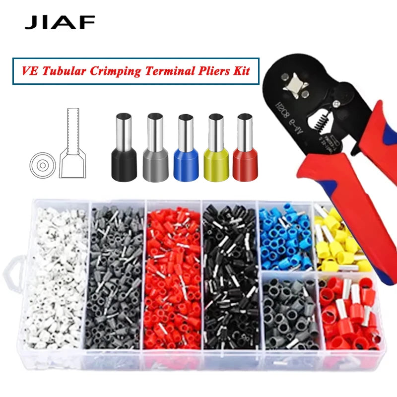 VE Tubular Crimping Terminal Ferrule Kit with 800-1900PCS HSC8 6-4A 0.25-10mm² Pliers Mini Wire Ferrule Fixture Kit