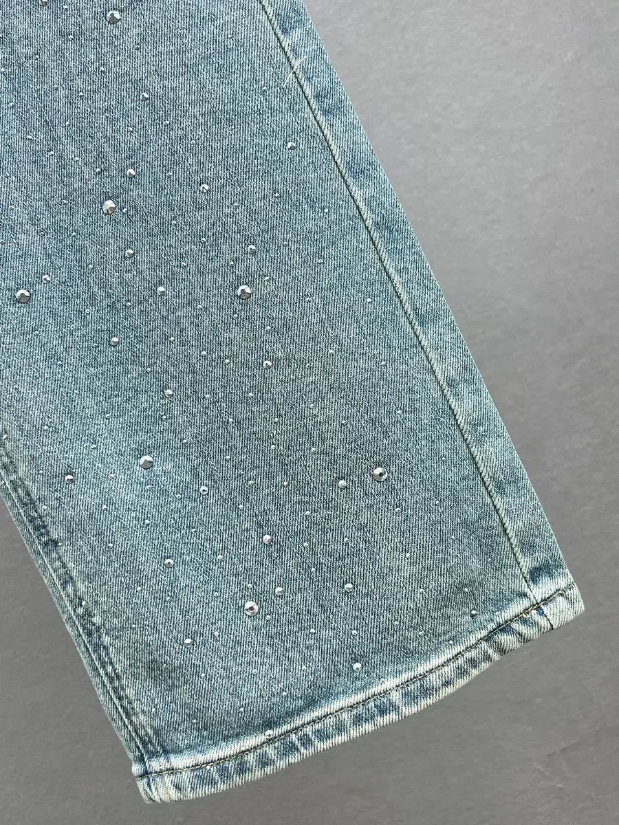 Rhinestone Pendant Design High Waist Wash Jeans Women's Summer Loose Slimming and All-Matching Straight-Leg Pants