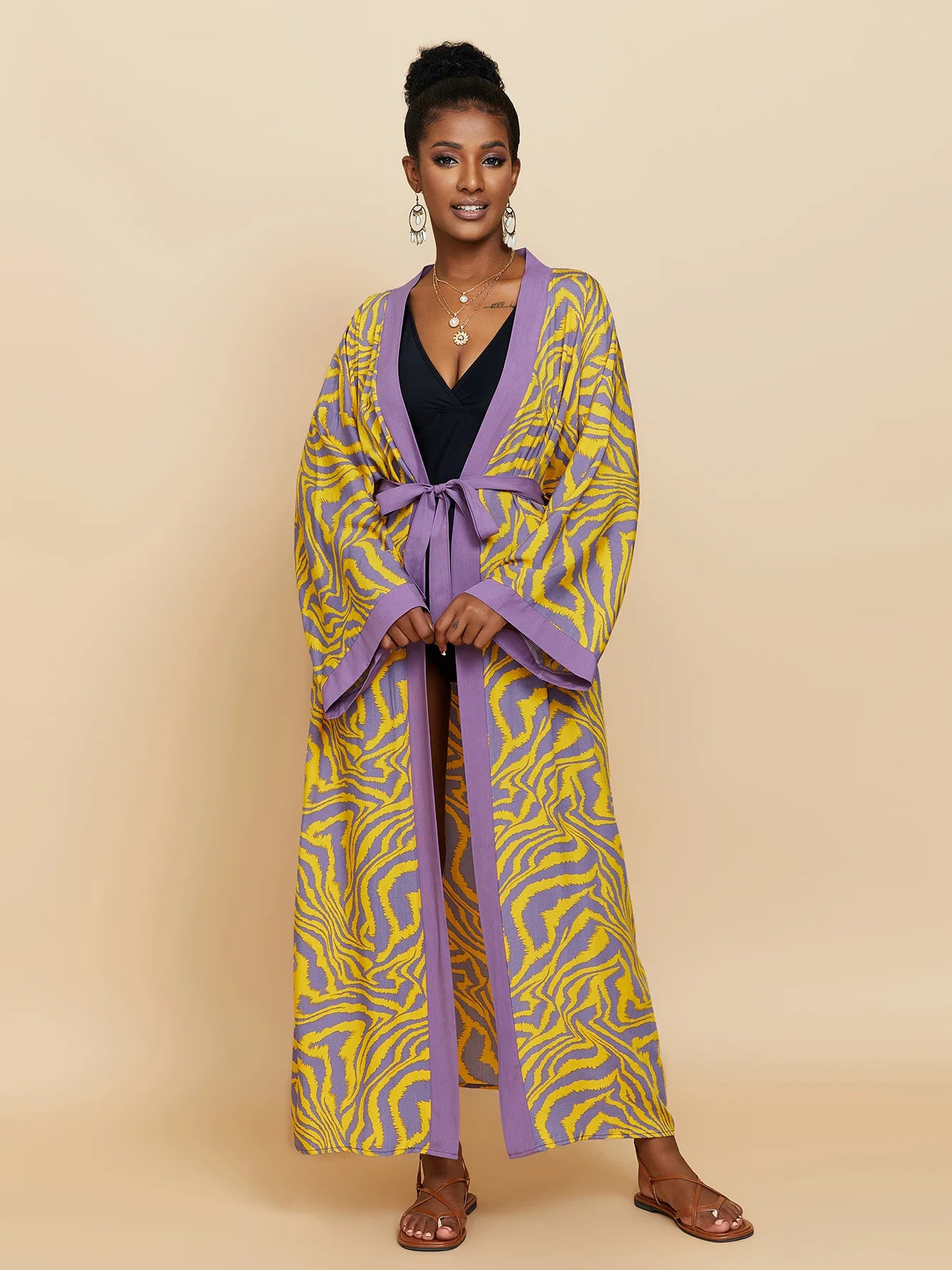 Women Long Beach Kimono Curve Hem Loose Open Front Tie Dye Bathing Suit Cover up