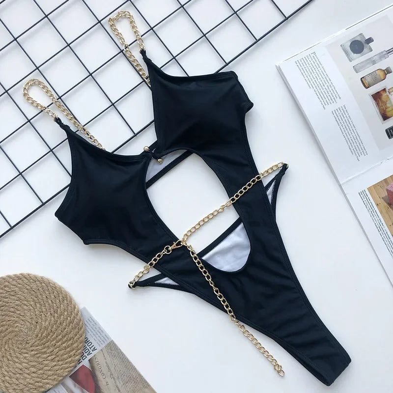 Women Luxury Sexy Swimsuit Halter Push Up Bandage Swimwear Bikini Thong Swimsuit Chain Push Up Beachwear