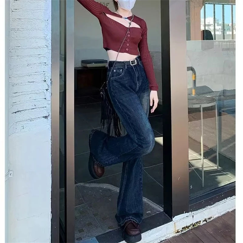 Women's Retro Style Flare Jeans American Street Bell-bottom Denim Trousers Young Girl Bottoms Female Narrow Cut Wide Leg Pants