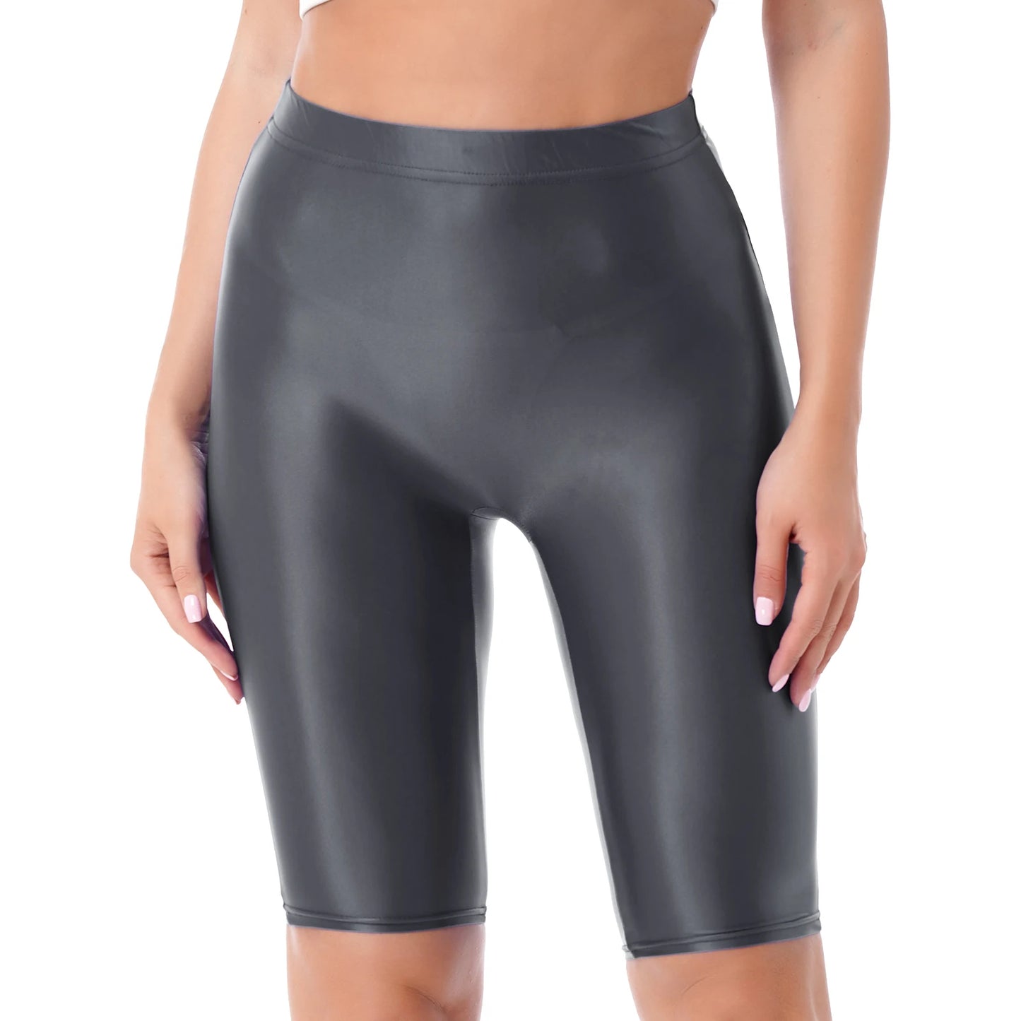 Womens Gymnastics Swim Shorts Glossy High Waist Shorts Elastic Waistband Short Leggings Swimwear Workout Sports Bottoms