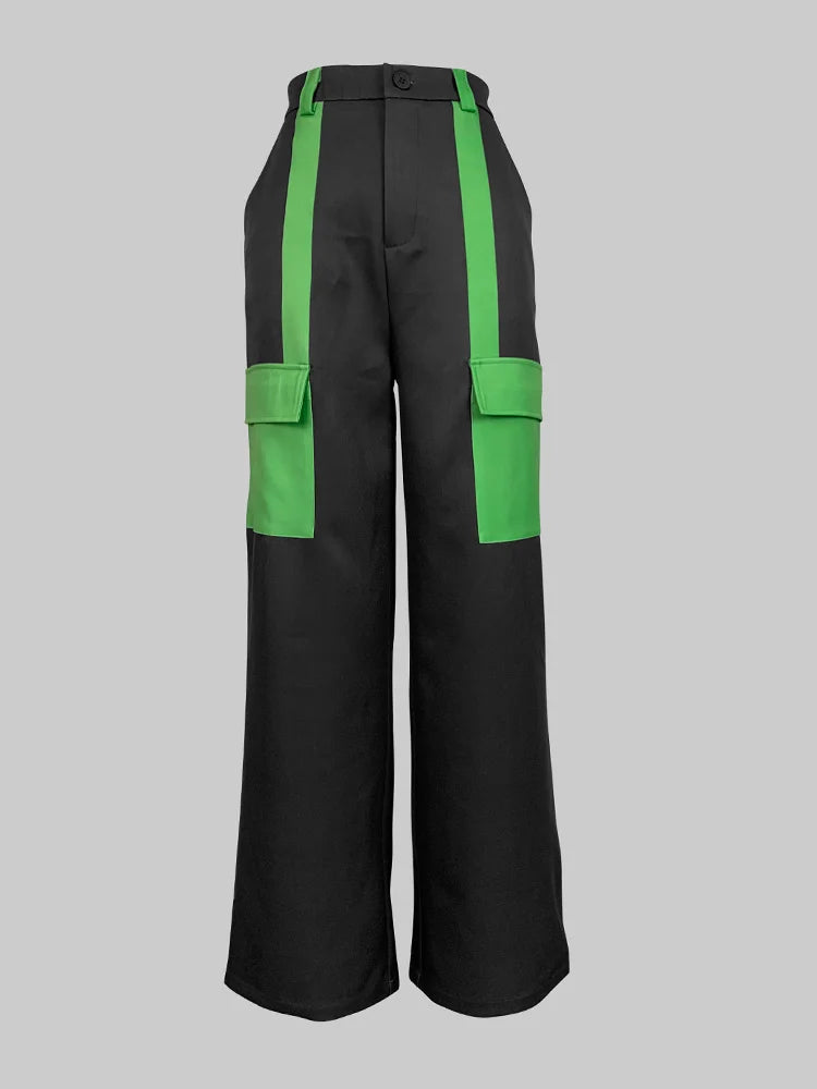 Beautyblue Fashion Woman Casual Pants Wide Leg Trousers 2025 Loose Contrast Color No Belt Pockets Black Green Bottoms Streetwear