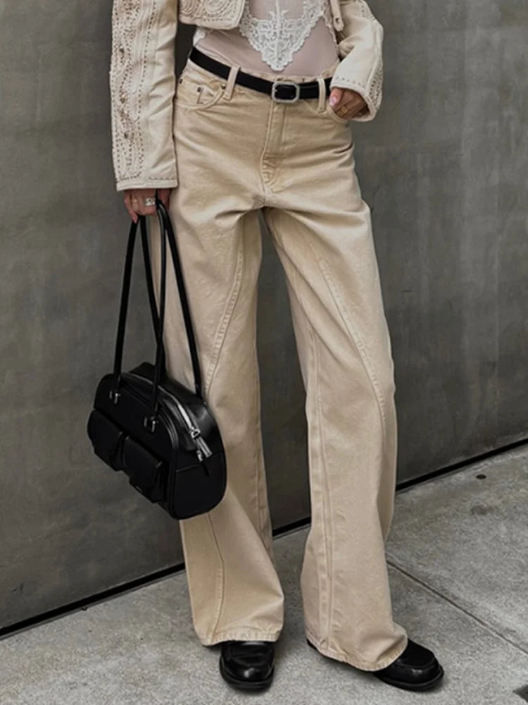Fashion Solid Rivets Denim Long Pants Women Y2K High Waist Pockets Zipper Beads Straight Jeans Lady Wide Leg Trousers Streetwear