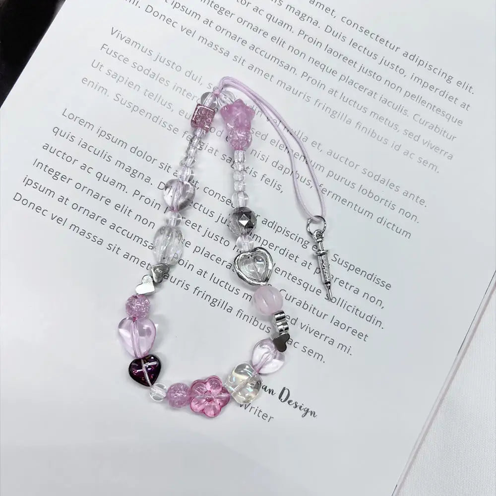 Bowknot Beaded Mobile Phone Chain Charm Acrylic Heart Beaded Pendant Phone Hanging Lanyard Strap Women Girls Sweet Accessories