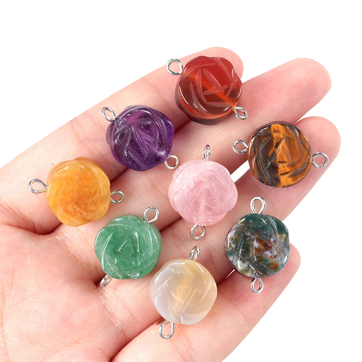 2Pcs Natural Stone Yellow Jade/Agates Rose-Shaped Connector For Jewelry Making DIY Necklace Bracelet Accessory Size 14 mm