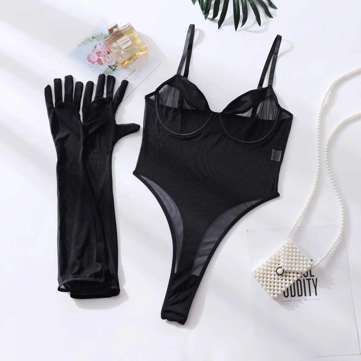 Yimunancy Mesh Patchwork Bodysuit Women Backless Black Gloves Sexy Erotic High Cut Skinny Sexy Bodysuit Club Body Femme