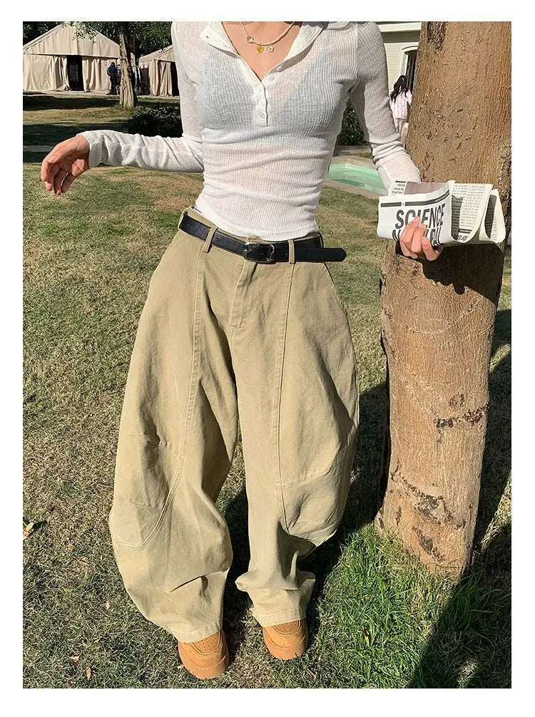 EOTVOTEE American Style Vintage Washed Jeans for Women Y2k Fashion High Waist Wide Leg Cargo Pants 2025 New Casual Cargo Jeans