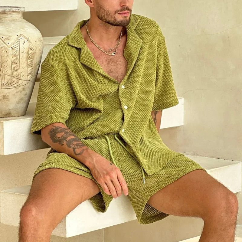 2024 Men's Summer New Style Casual Suit, Slim Fit, Lapel Short-sleeved Button-down Shirt Tops, Drawstring Short-sleeved Set