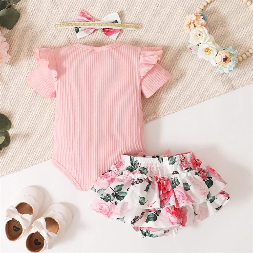 0-18Months Toddler Baby Girl 3Pcs Costumes Set Newborn Baby Girl Ruffle Short Sleeved Romper + Short Pants Skirt Infant Girl Set