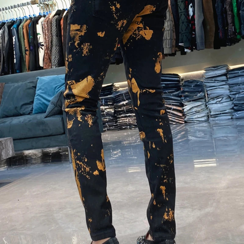 2024 Black Gold Contrast Personalized Graffiti Jeans Slim Elastic Jean Fashion Hip Hop Jean Men Punk Motorcycle Pants Jean Homme