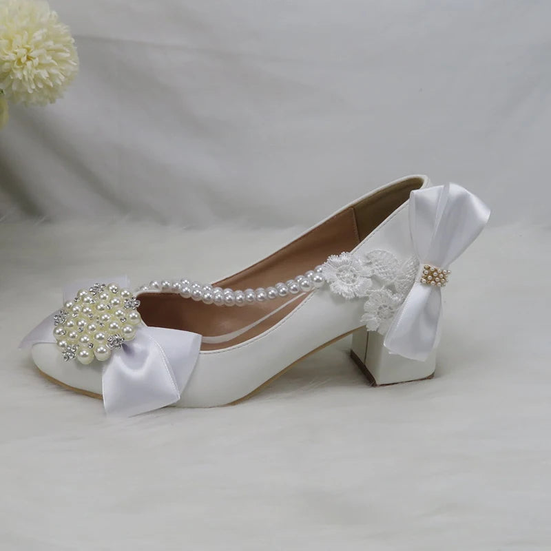 2024 New Customize wedding shoes Bridesmaid Dress shoes Thick Heeled Med Heel Shoes white Lace shoes flower female shoes