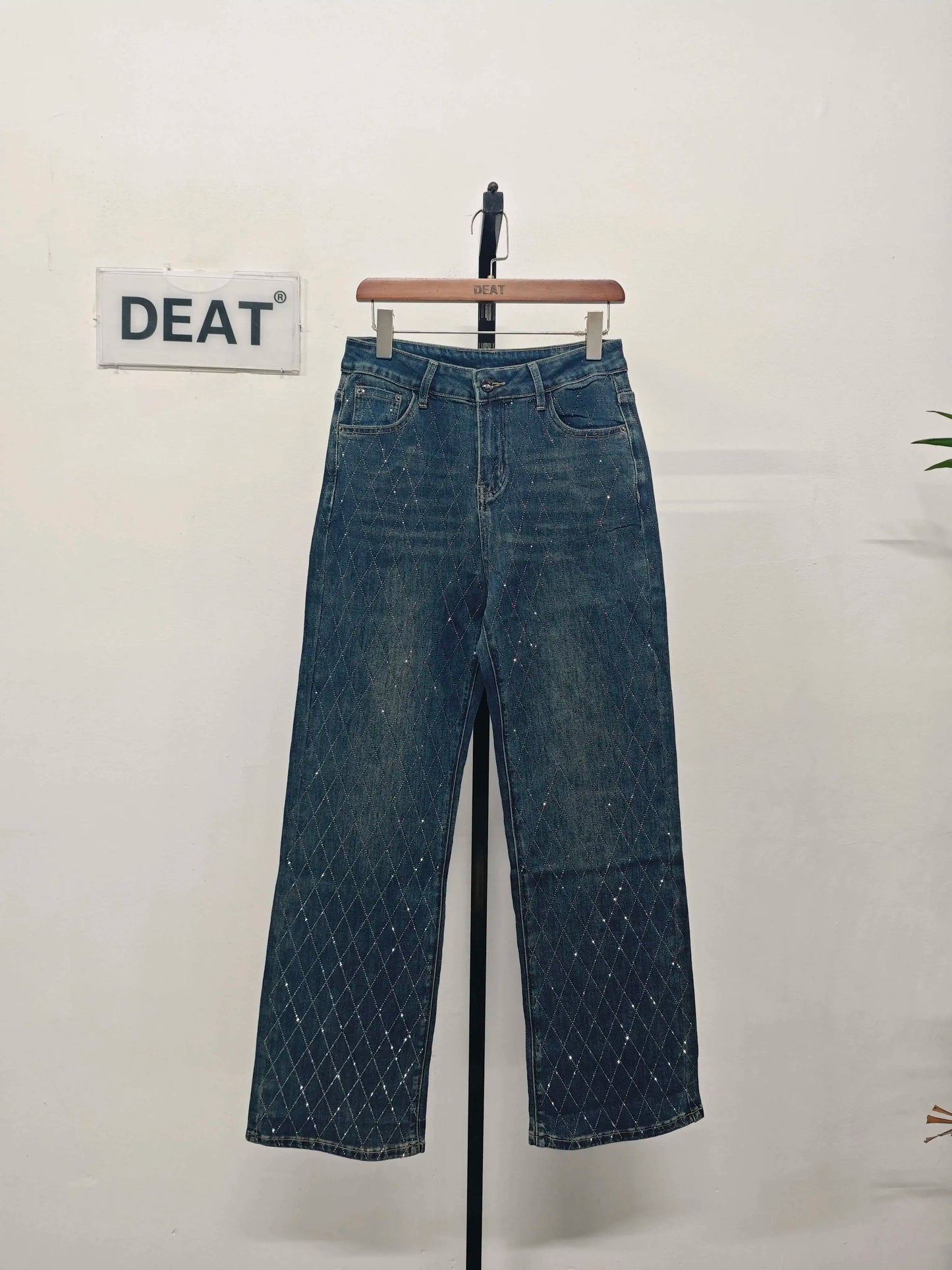 DEAT Women's Jeans High Waist One Side Plaid Shape Diamonds Straight Wide Leg Classic Denim Pants 2025 New Fashion Summer