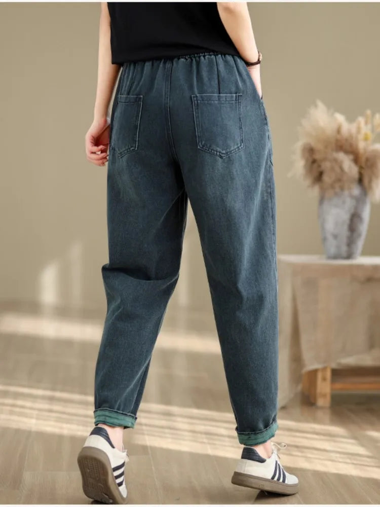 Oversized Jeans Spring Pant Women Cartoon Embroidery Fashion Elastic High Waist Ladies Trousers Loose Casual Woman New Pants