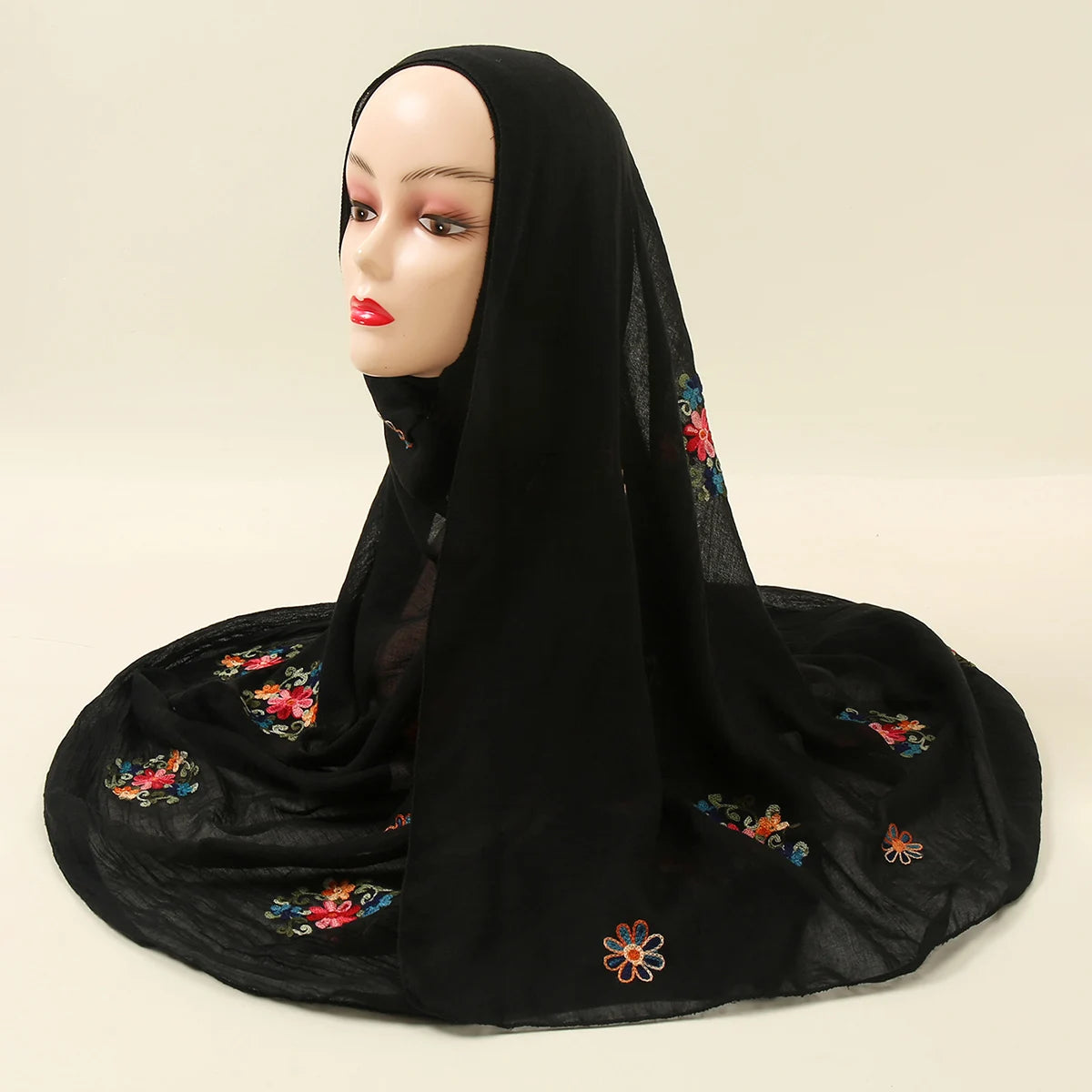 Wholesale New Fashion Embroidery Floral Long Scarf Hijab Woman Cotton Shawl Summer Solid Color Wraps For Ladies Stole Headband