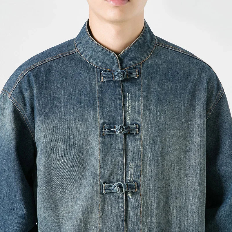 2024 Chinese Style Denim Jacket Men Streetwear Oriental Clothes Autumn Male Jeans Coat Vintage Fashion Hip Hop Loose Outwear