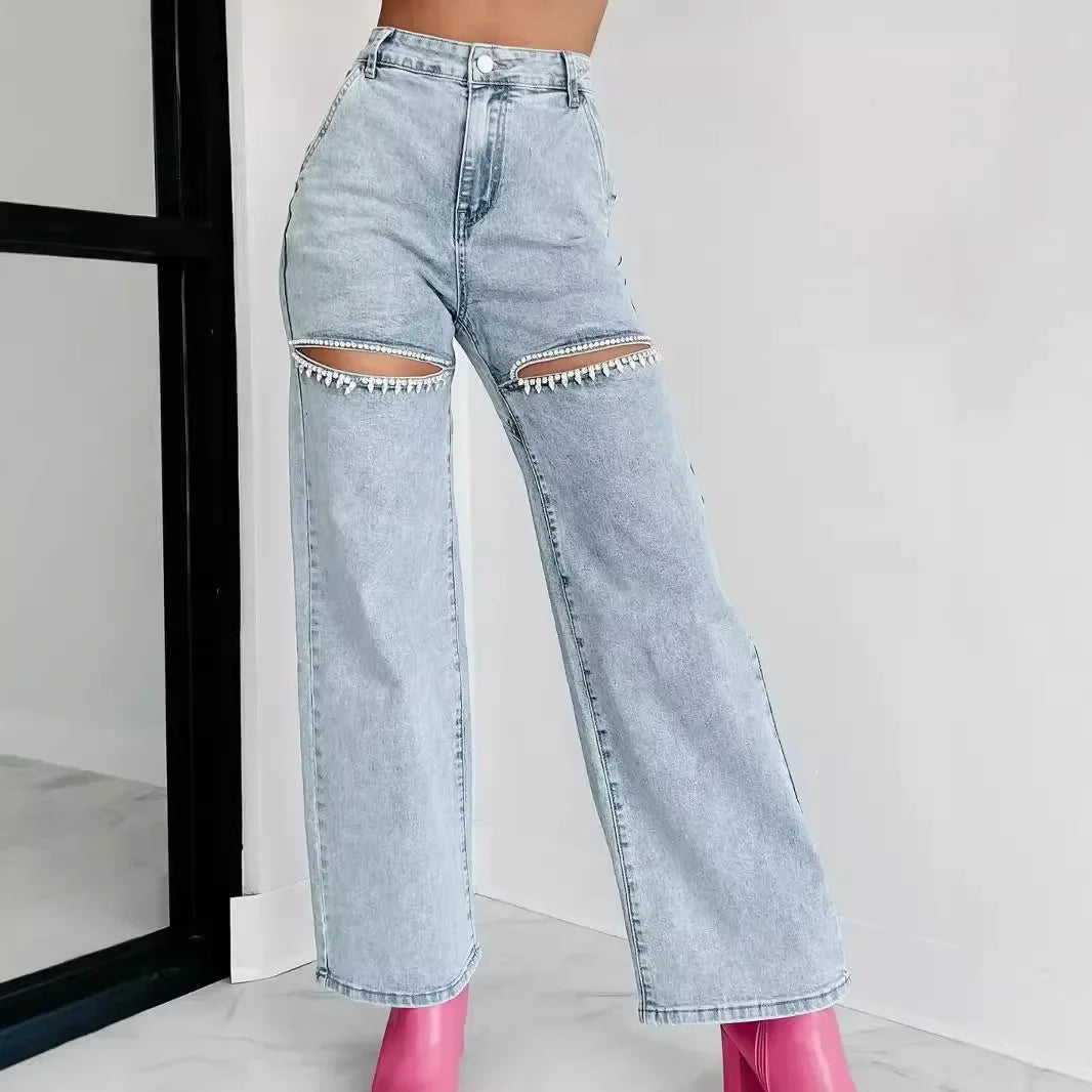 Fashionable Casual Women's Jeans Hole Design Straight Leg Spring Summer 2024 Cross-Border Independent Station Wish