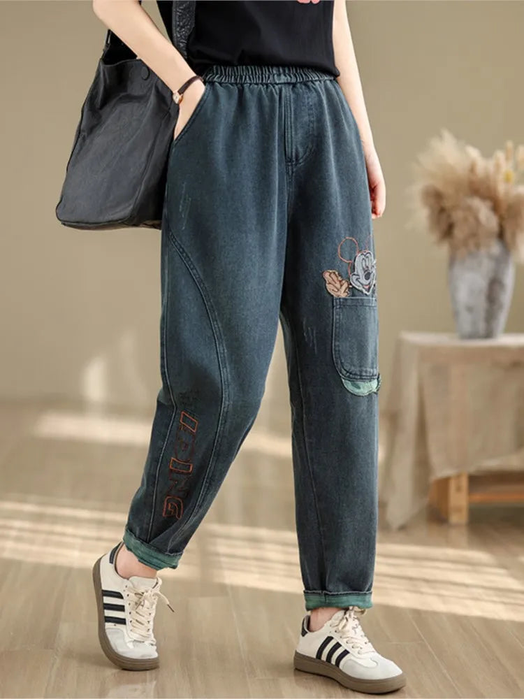 Oversized Jeans Spring Pant Women Cartoon Embroidery Fashion Elastic High Waist Ladies Trousers Loose Casual Woman New Pants
