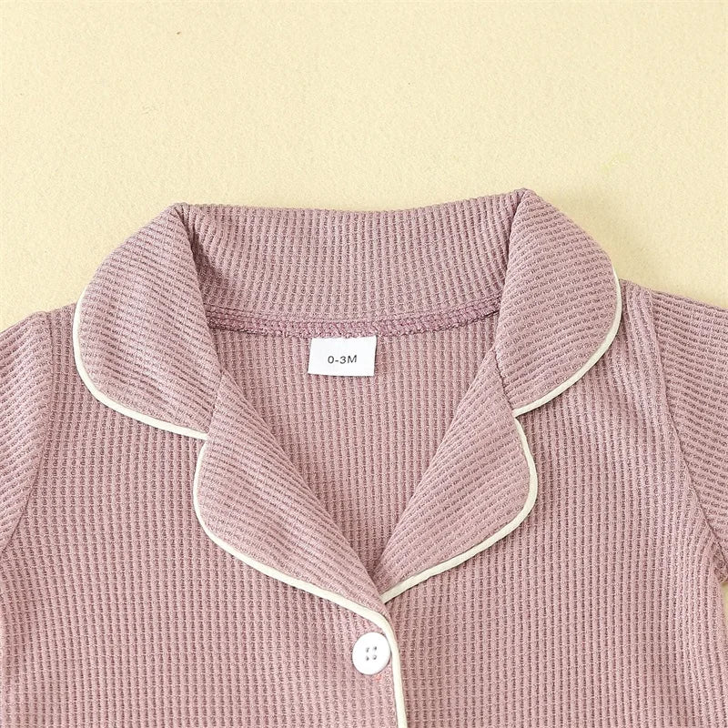 0-24months Baby Romper Pajama Lapel Neck Short Sleeve Trim Button Down Waffle Jumpsuit Infant Toddler Boys And Girls Sleepwear